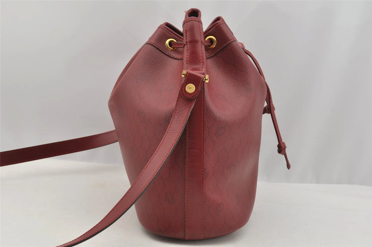 Auth Christian Dior Honeycomb Shoulder Drawstring Bag PVC Leather Bordeaux 7947I