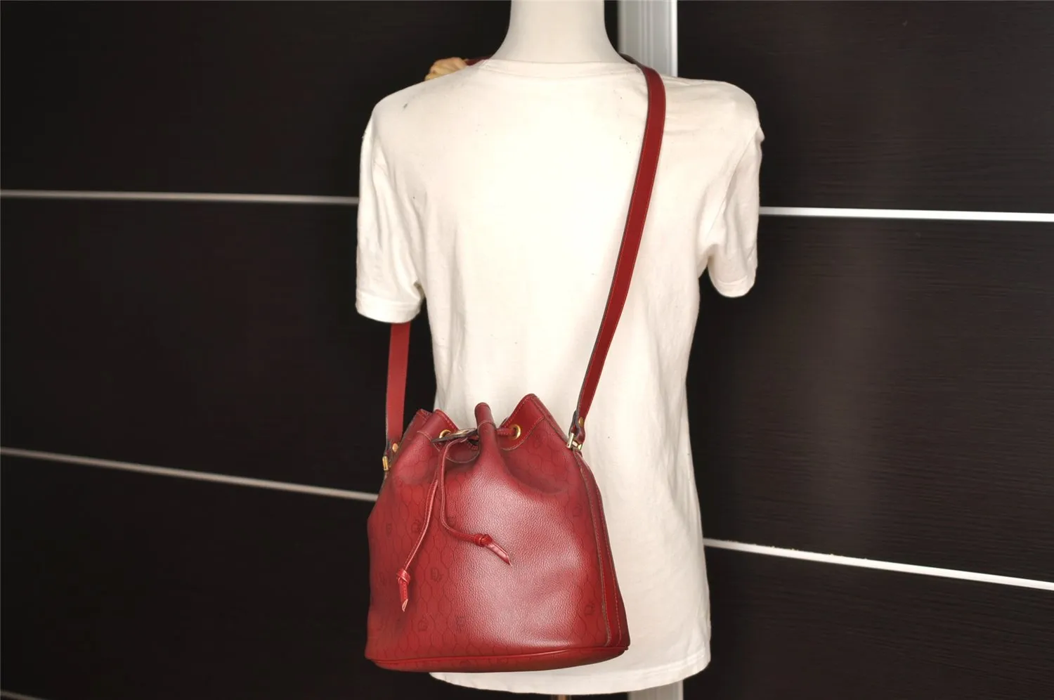 Auth Christian Dior Honeycomb Shoulder Drawstring Bag PVC Leather Bordeaux 7947I