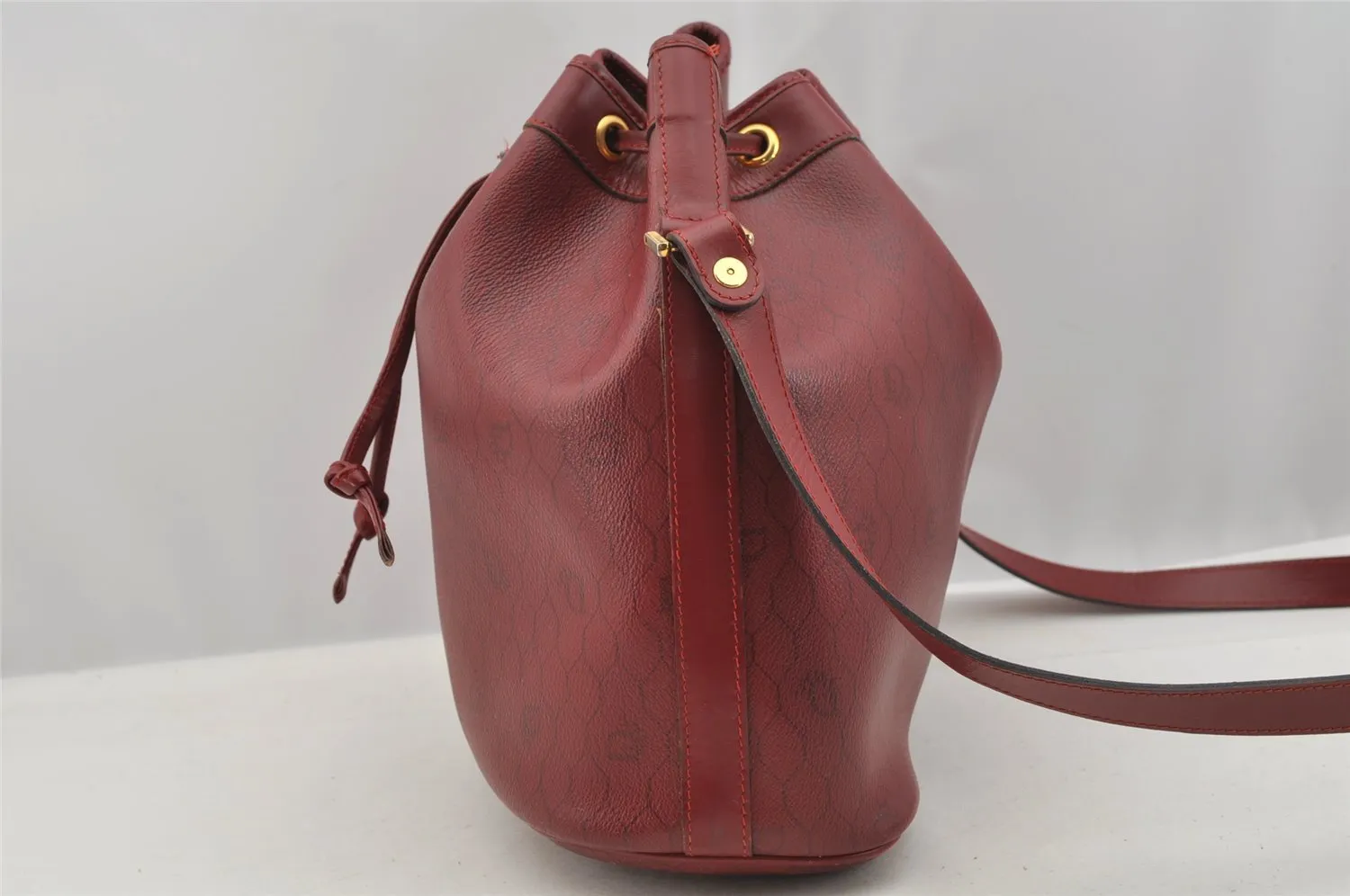 Auth Christian Dior Honeycomb Shoulder Drawstring Bag PVC Leather Bordeaux 7947I