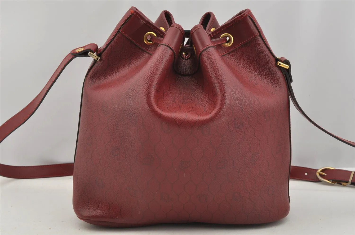 Auth Christian Dior Honeycomb Shoulder Drawstring Bag PVC Leather Bordeaux 7947I