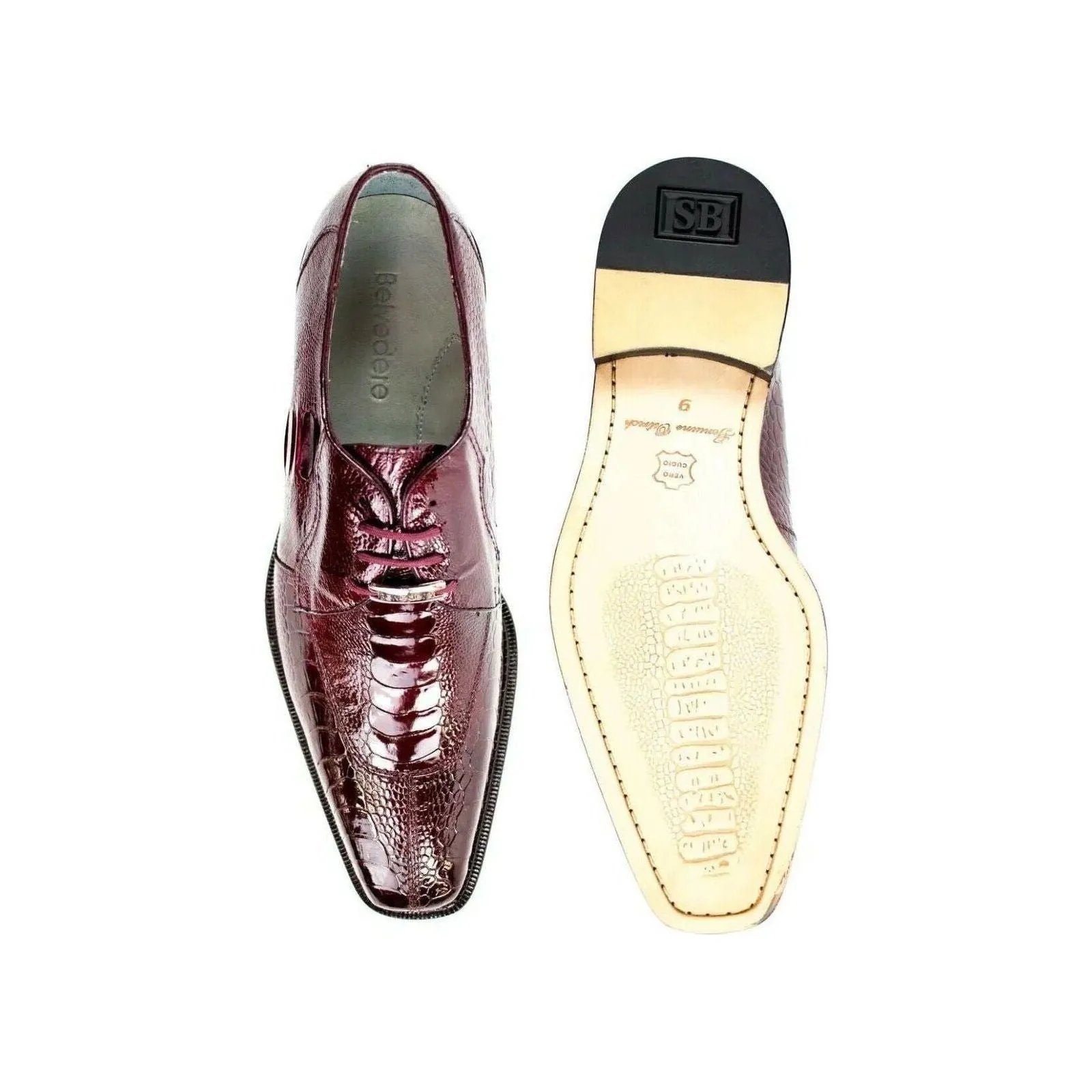 Belvedere Siena Men's Shoes Genuine Ostrich Lace Up Burgundy 1463