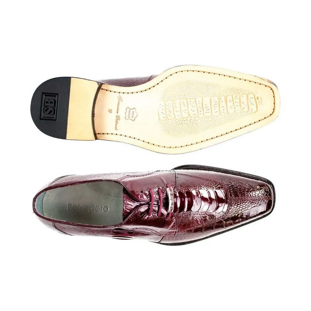 Belvedere Siena Men's Shoes Genuine Ostrich Lace Up Burgundy 1463