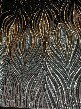 Black Gold Sage Silver On Black Mesh Iridescent Fabric/ Embroidery 4 Way Stretch Sequin Fabric