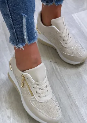 Enid Beige Zip Detail Wedge Trainers