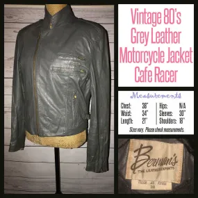 Vintage 80's Grey Gray Berman's Leather Motorcycle Cafe Racer Jacket Coat 38B M Medium