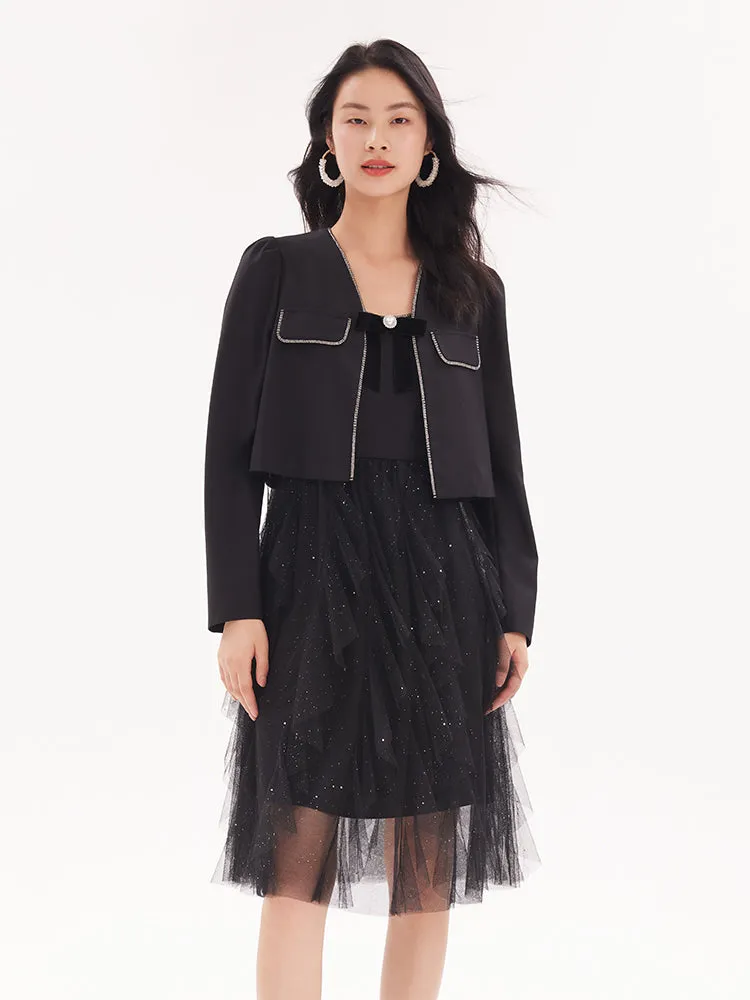 Women Jacket And Netted Gauze Dress Two-Piece Set