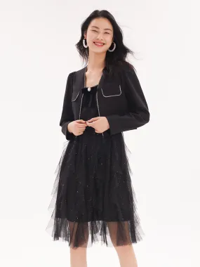 Women Jacket And Netted Gauze Dress Two-Piece Set